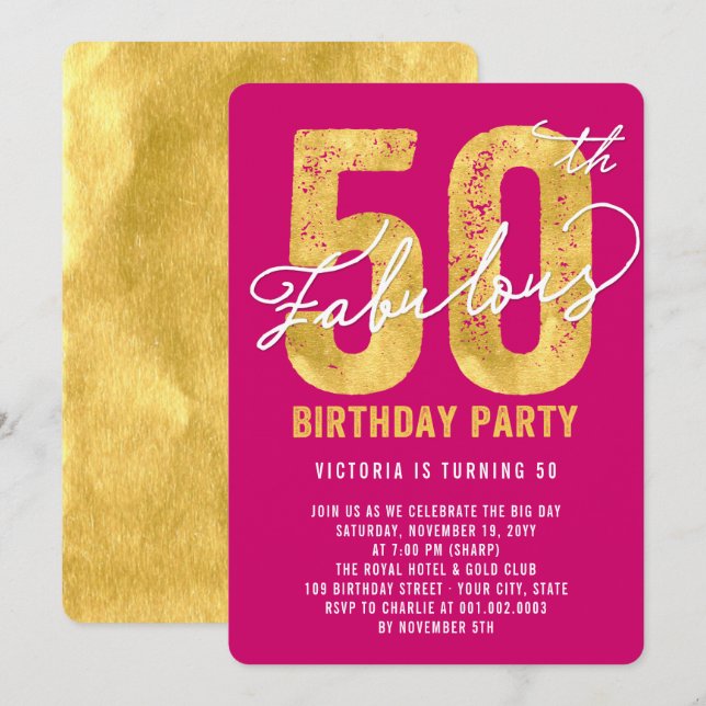 Invitación Oro 50 y fabuloso 50 cumpleaños invitado (Anverso / Reverso)