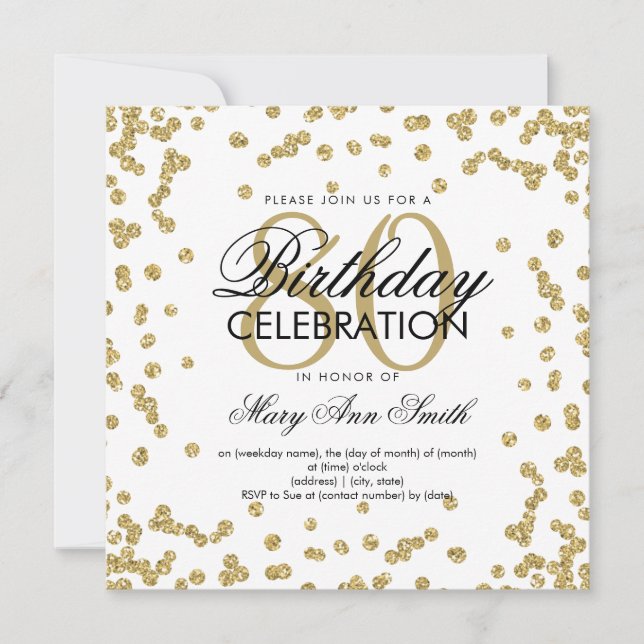 Invitación Oro 80.º Purpurina de cumpleaños Confetti (Anverso)