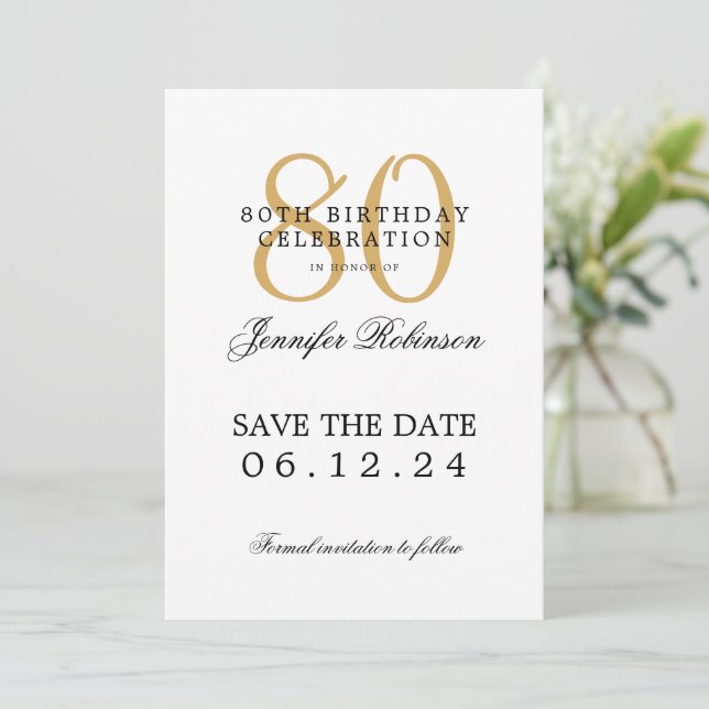 Invitación Oro 80 cumpleaños Fiesta Salven la fecha (Anverso de pie)