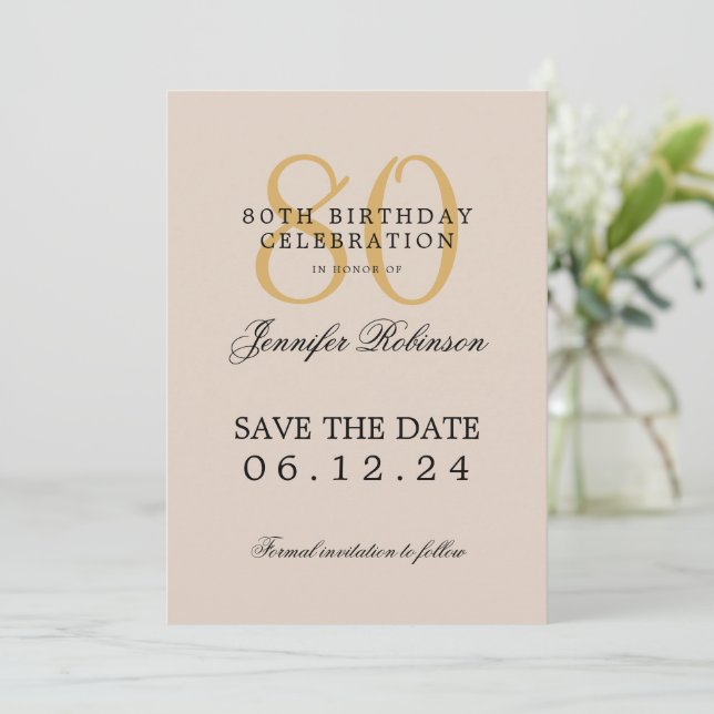 Invitación Oro 80 cumpleaños Salven la fecha Champagne (Anverso de pie)