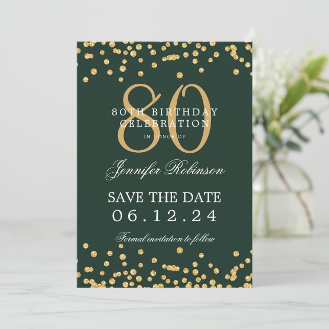 Invitación Oro 80 cumpleaños Save Date Confetti Green (Anverso de pie)