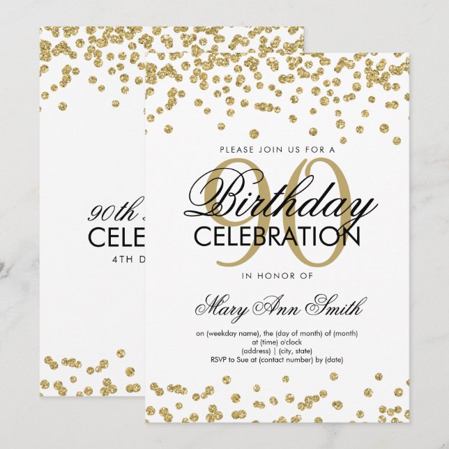 Invitación Oro 90.º Purpurina de cumpleaños Confetti (Anverso / Reverso)