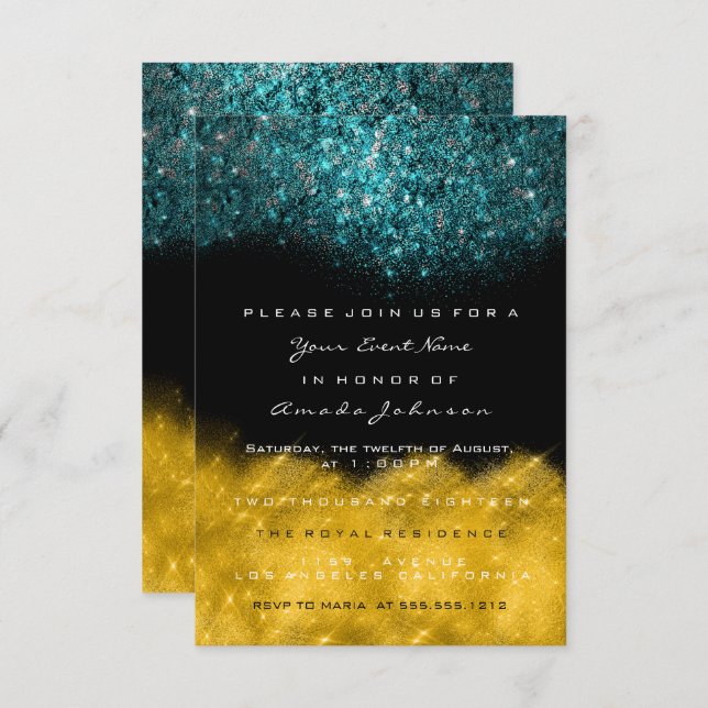 Invitación Oro abstracto océano teal brillo evento blanco neg (Anverso / Reverso)