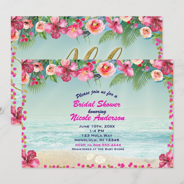 Invitación Oro ALOHA Hibisco Tropical de la Playa Verano Luau (Anverso / Reverso)