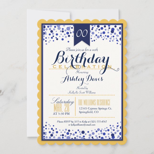 Invitación Oro amarillo, blanco, fiesta de cumpleaños azul de (Anverso)