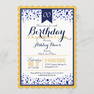 Invitación Oro amarillo, blanco, fiesta de cumpleaños azul de