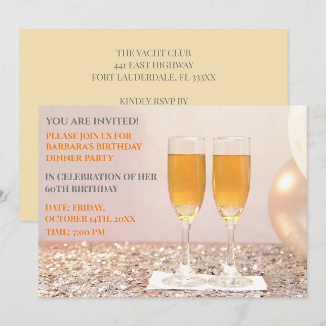 Invitación Oro amarillo claro champán de cumpleaños 60 (Anverso / Reverso)