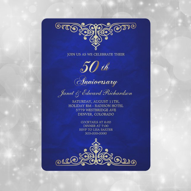 Invitación Oro Antiguo Victoriano Azul Aniversario Dorado (Subido por el creador)