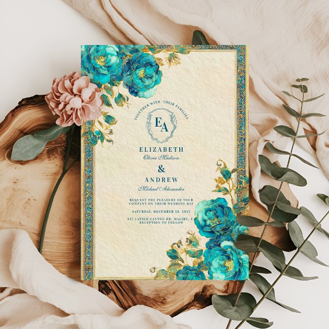 Invitación Oro antiguo y Boda Botánico Verde azulado (Subido por el creador)