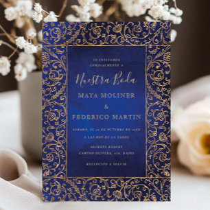 Invitación Oro Antiguo y Terciopelo Azul Nuestra Boda Boda