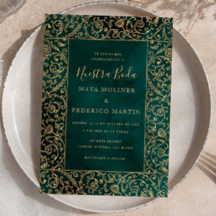 Invitación Oro Antiguo y Terciopelo Verde Nuestra Boda Boda