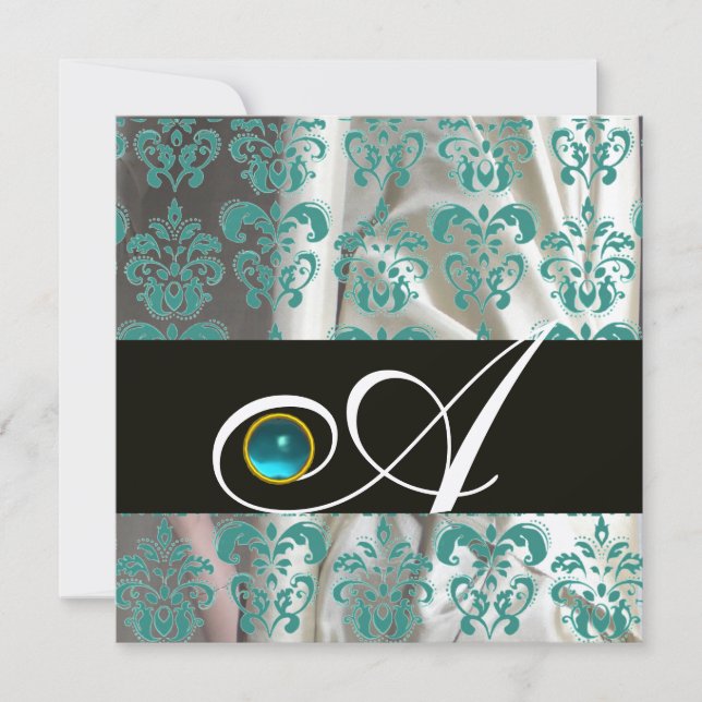 INVITACIÓN ORO AQUAMARINO DE LA SEDA AZUL NEGRA DAMASK MONOGR (Anverso)