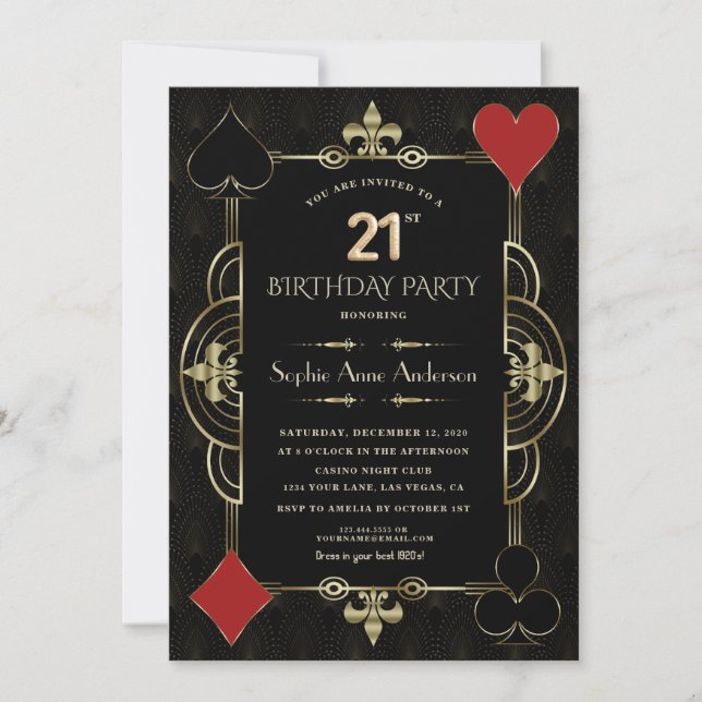 Invitación Oro Art Deco Casino Vegas Mujer 21 cumpleaños (Anverso)