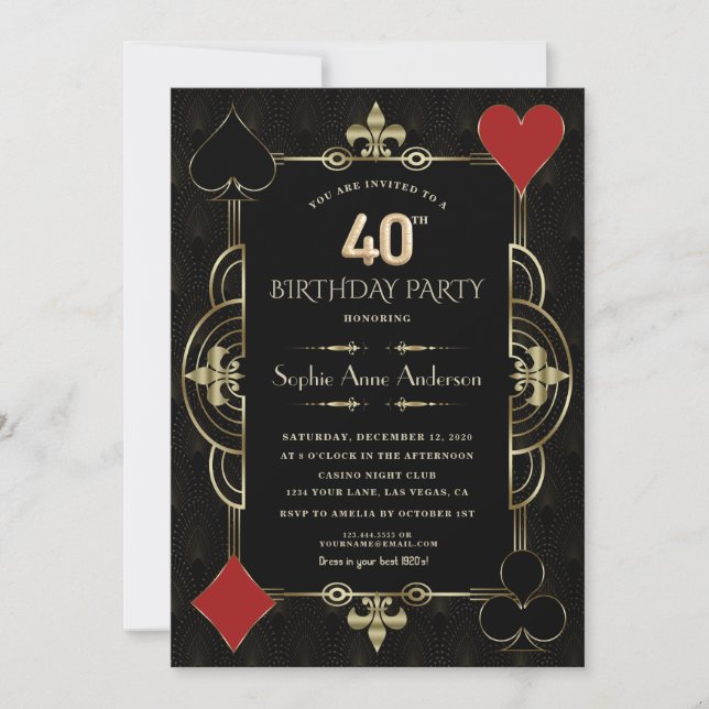 Invitación Oro Art Deco Casino Vegas Mujer 40 cumpleaños (Anverso)