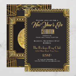 Invitación Oro Art Deco y estilo Gatsby NYE Negro