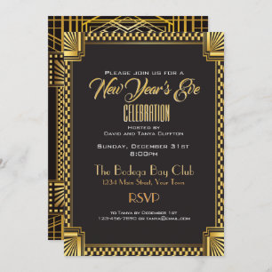 Invitación Oro Art Deco y estilo Gatsby NYE Negro