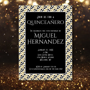 Invitación Oro Art Deco Y Quinceañero Negro 15 cumpleaños