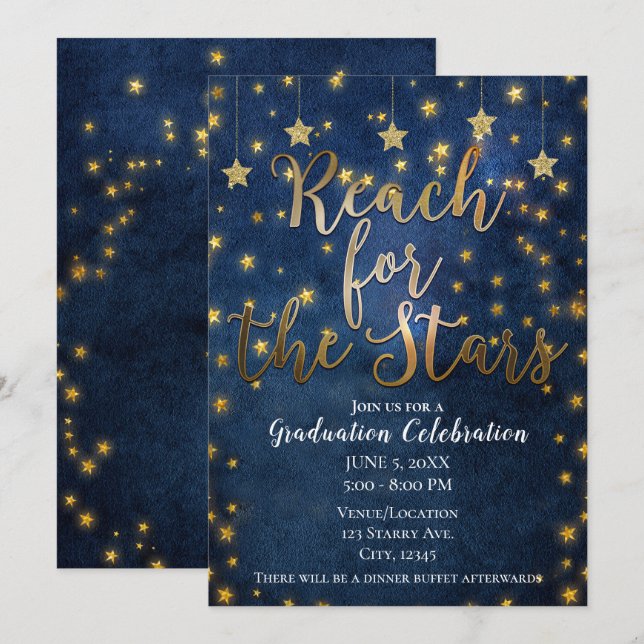 Invitación Oro Azul Alcanzar las Estrellas Graduación Celesti (Anverso / Reverso)