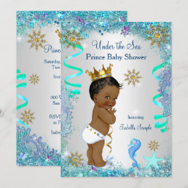 Invitación Oro Azul Bajo El Mar Príncipe Baby Shower Étnico