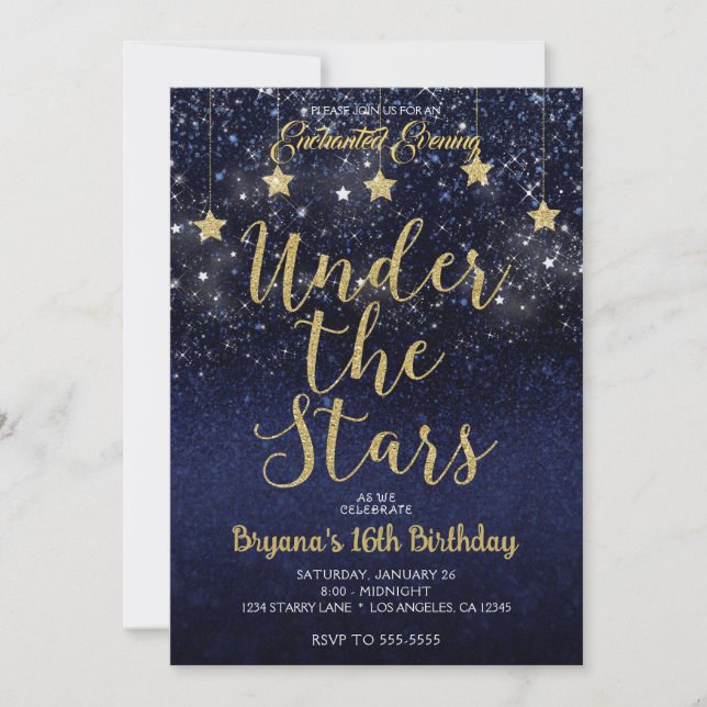 Invitación Oro Azul Bajo Las Estrellas Starry Night Sweet 16 (Anverso)