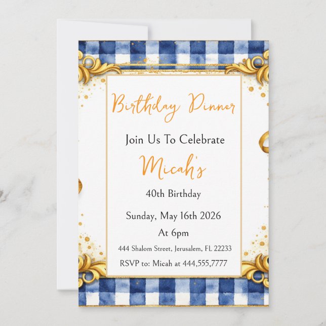 Invitación Oro Azul Blanco Gingham Lujo Moderno Tendencia Chi (Anverso)