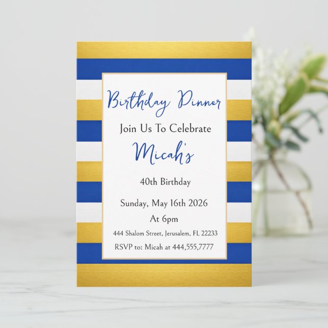 Invitación Oro Azul Blanco Líneas Horizontales Moderno Lujo  (Anverso de pie)