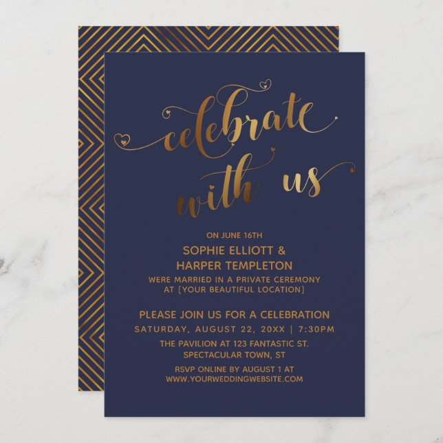 Invitación Oro Azul Celebre con Nosotros Evento Post-Boda (Anverso / Reverso)