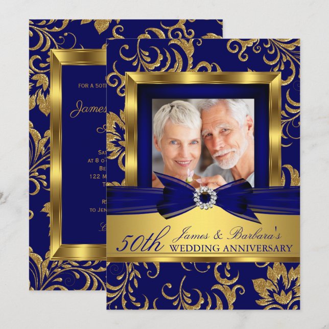 Invitación Oro azul de la marina foto 50 aniversario del Boda (Anverso / Reverso)