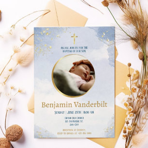 Invitación Oro Azul Elegante Foto Bautismo Con Poema