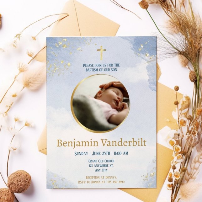 Invitación Oro Azul Elegante Foto Bautismo Con Poema (Subido por el creador)