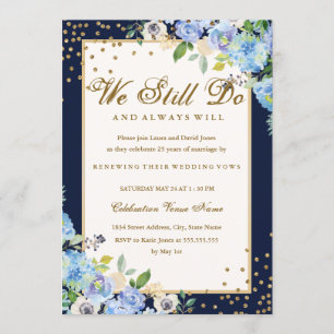 Invitación Oro Azul Floral Brillo Renovación de Votos Anivers