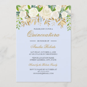 Invitación Oro Azul Floral Hoja Acuarela Quinceañera