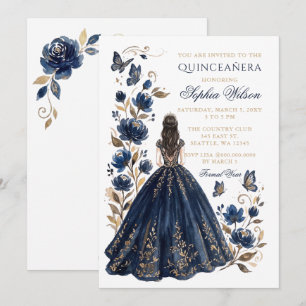 Invitación Oro Azul Floral Princesa Mariposa Quinceañera