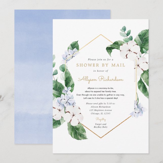 Invitación Oro azul floral Shower by Mail Spring baby (Anverso / Reverso)
