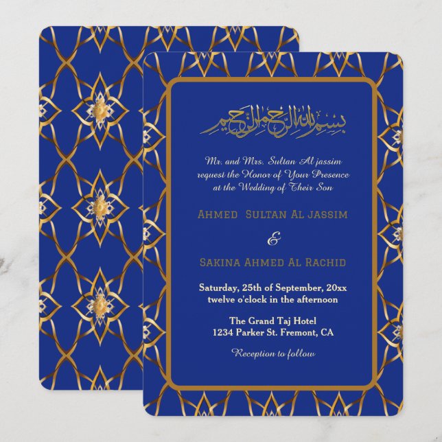 Invitación Oro azul lujoso musulmán boda islámico (Anverso / Reverso)