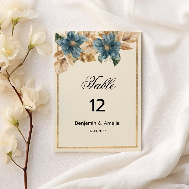 Invitación Oro azul marfil otoño primavera floral Números de  (Blue ivory gold fall spring floral Table Numbers)