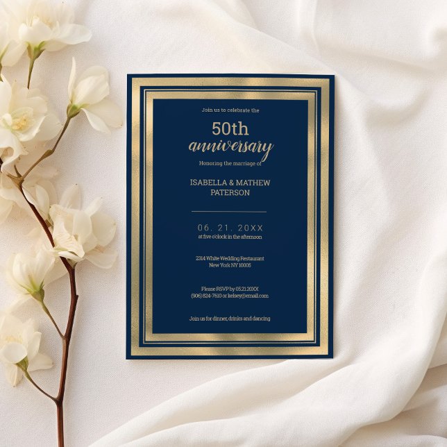 Invitación Oro azul marino de lujo 50º aniversario Boda (Luxury navy blue gold 50th Wedding Anniversary)