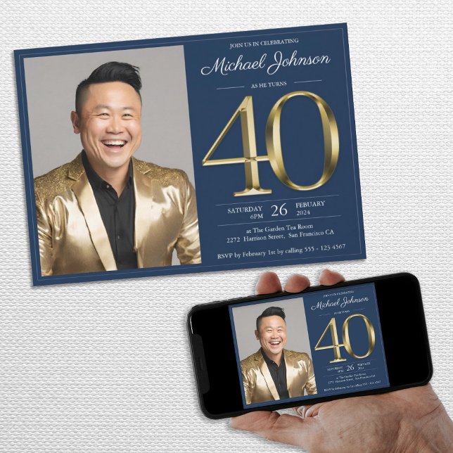 Invitación Oro azul marino Elegante foto 40 Fiesta de cumplea (Navy Blue Gold Elegant Photo 40th Birthday Party Invitation)