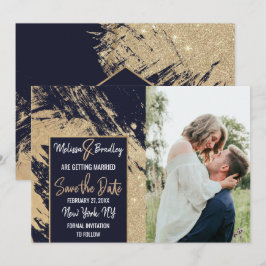 Invitación Oro Azul Marino Glitter Pinceladas Save the Date