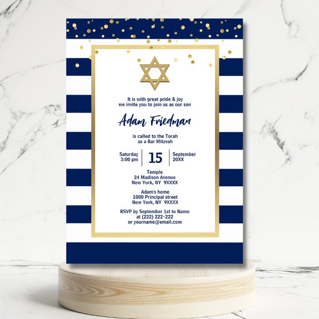 Invitación Oro Azul Marino Rayas y Estrella David | Bar Mitzv (Subido por el creador)