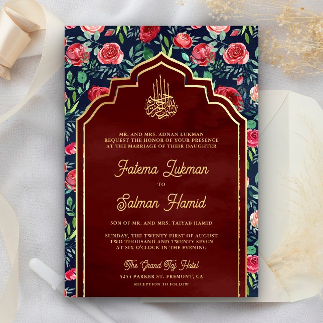 Invitación Oro azul marino Rojo Roses floral Boda musulmán (Subido por el creador)