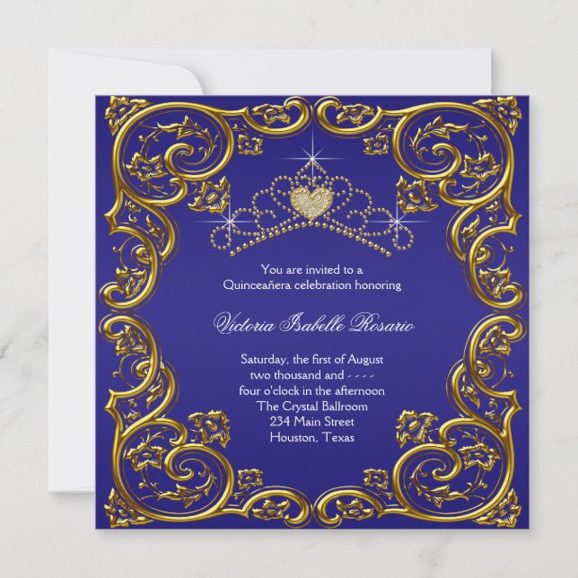 Invitación Oro azul marino Tiara Sweet 15 Quinceanera (Anverso)