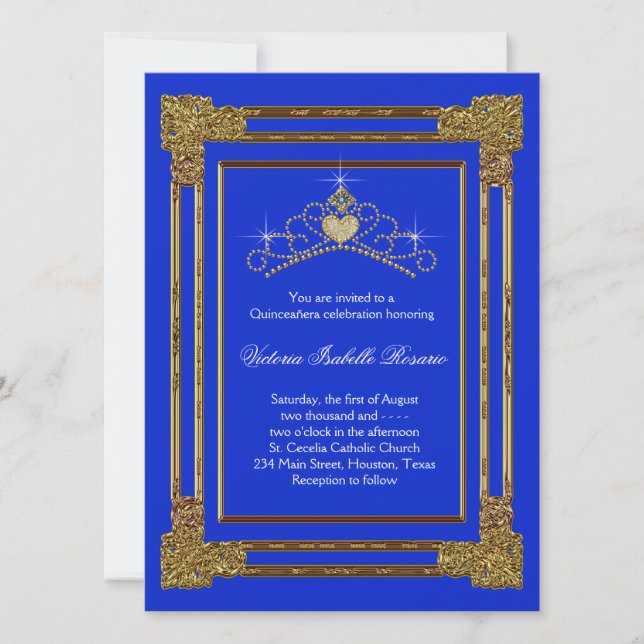 Invitación Oro azul marino Tiara Sweet 15 Quinceanera (Anverso)