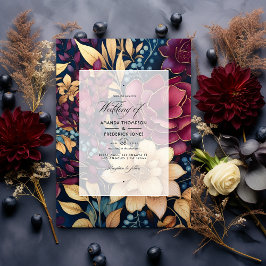 Invitación Oro, azul marino y Boda floral borgoñona