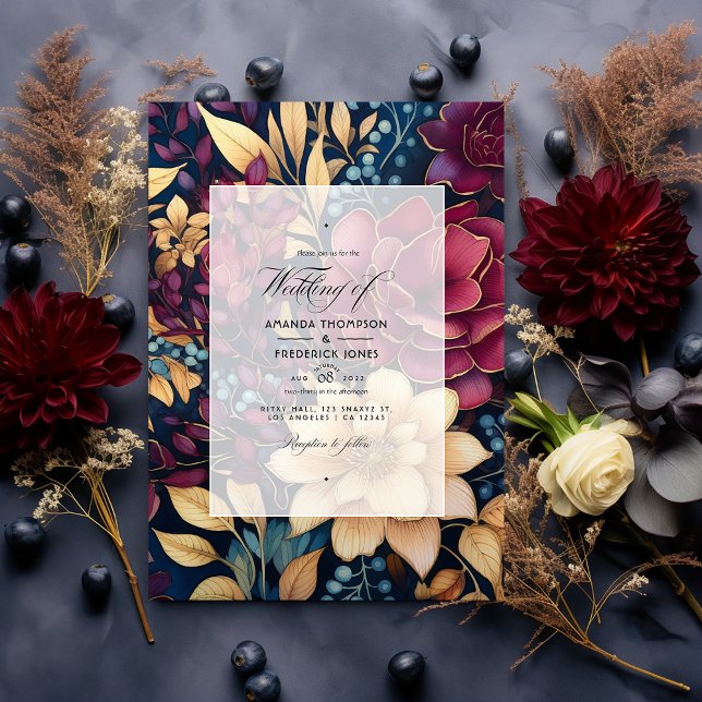 Invitación Oro, azul marino y Boda floral borgoñona (Subido por el creador)