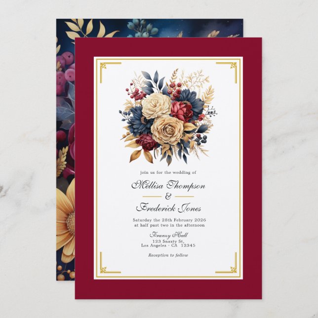 Invitación Oro, azul marino y Boda floral borgoñona (Anverso / Reverso)