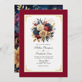 Invitación Oro, azul marino y Boda floral borgoñona