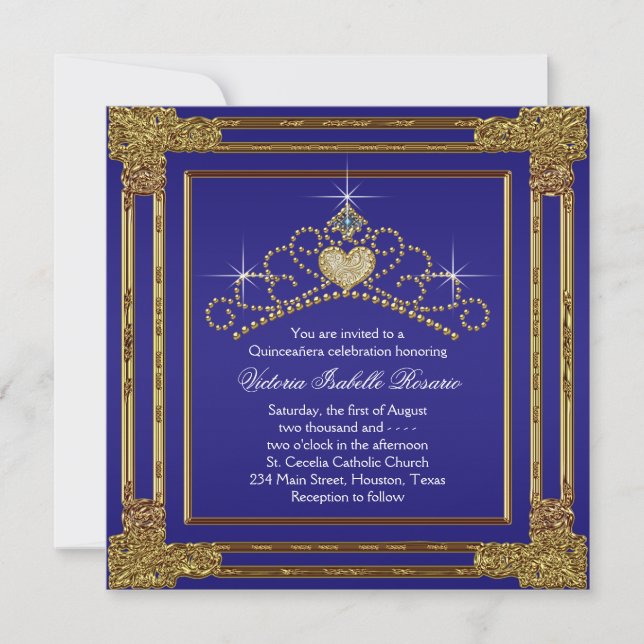 Invitación Oro azul marino y dulce Tiara 15 Quinceanera (Anverso)