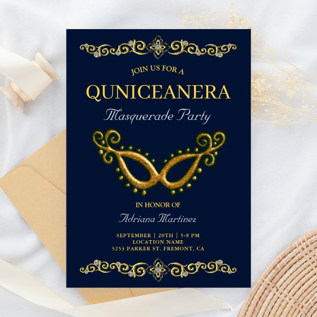 Invitación Oro Azul Mascarada de 15 Años Quinceanera (Subido por el creador)