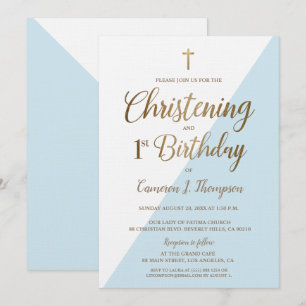 Invitación Oro Azul Moderno Primera Navidad Cumpleaños